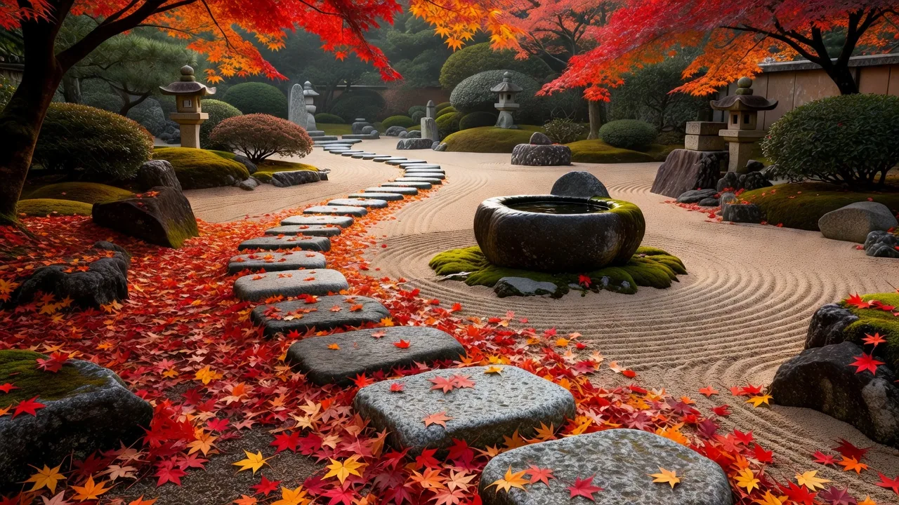 紅葉に彩られた苔の上の飛び石