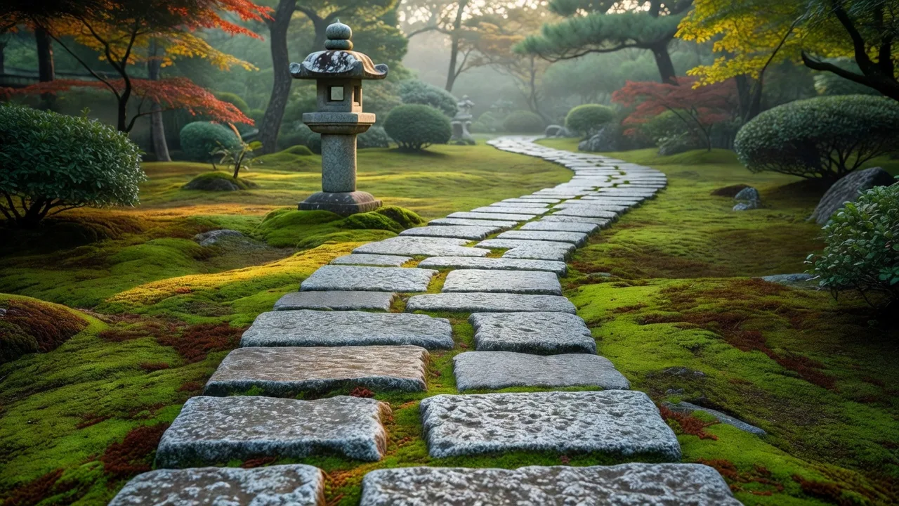 花崗岩の敷石と苔の小径、灯籠のある風景