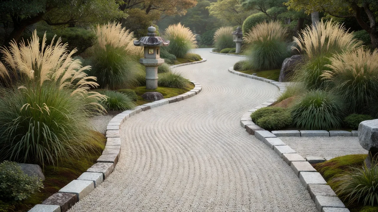 花崗岩で縁取られた玉砂利の小径と灯籠