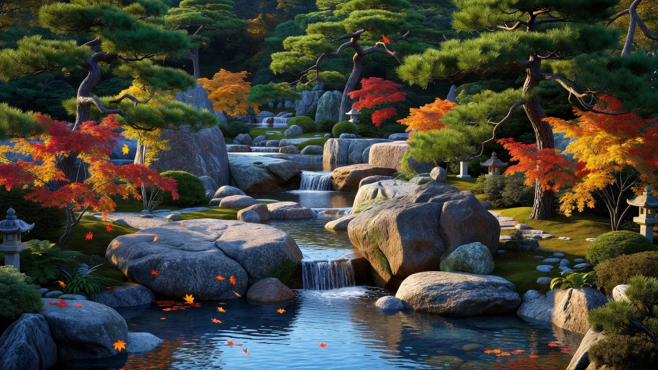 紅葉に囲まれた川の花崗岩の水たまり