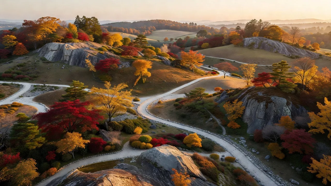秋色に染まる自然の地形と花崗岩のランドスケープ