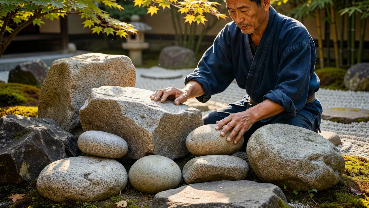 庭に配置された大小の花崗岩の巨石群