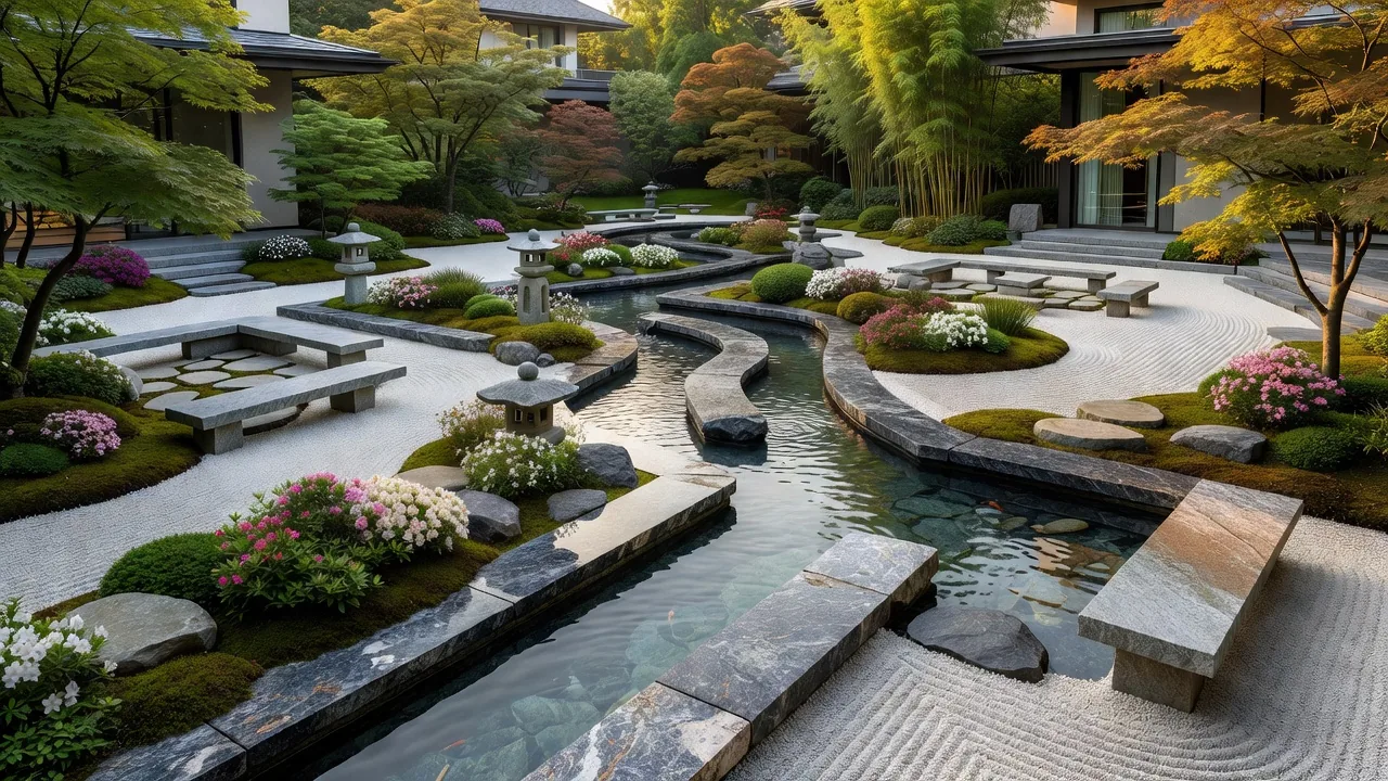 ホテル敷地内の花崗岩の水路