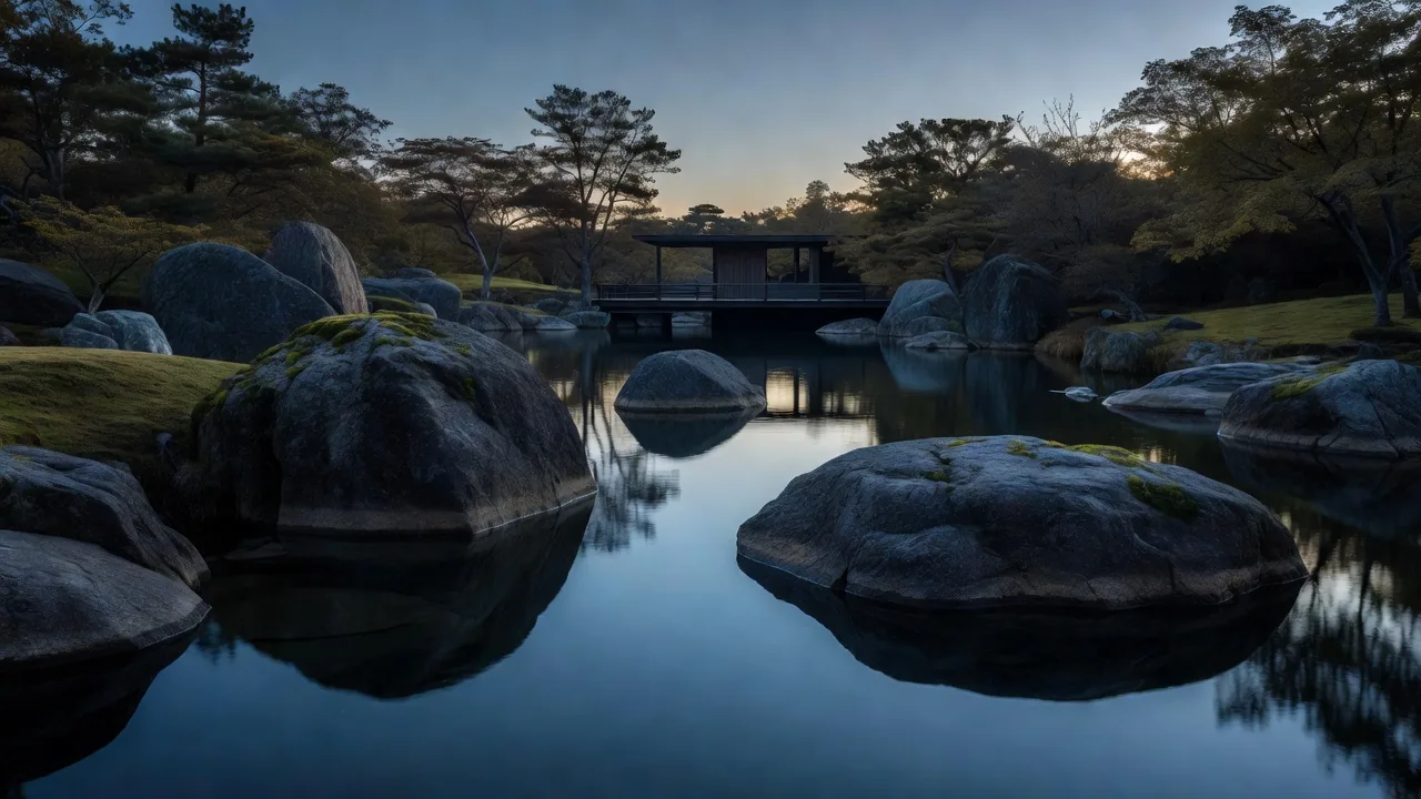 たそがれ時の花崗岩の巨石と池の庭