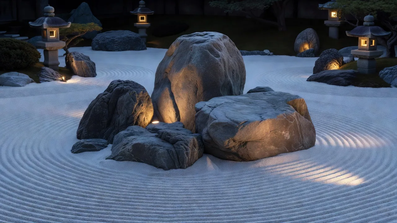 夕暮れに下からライトアップされた石庭の岩々