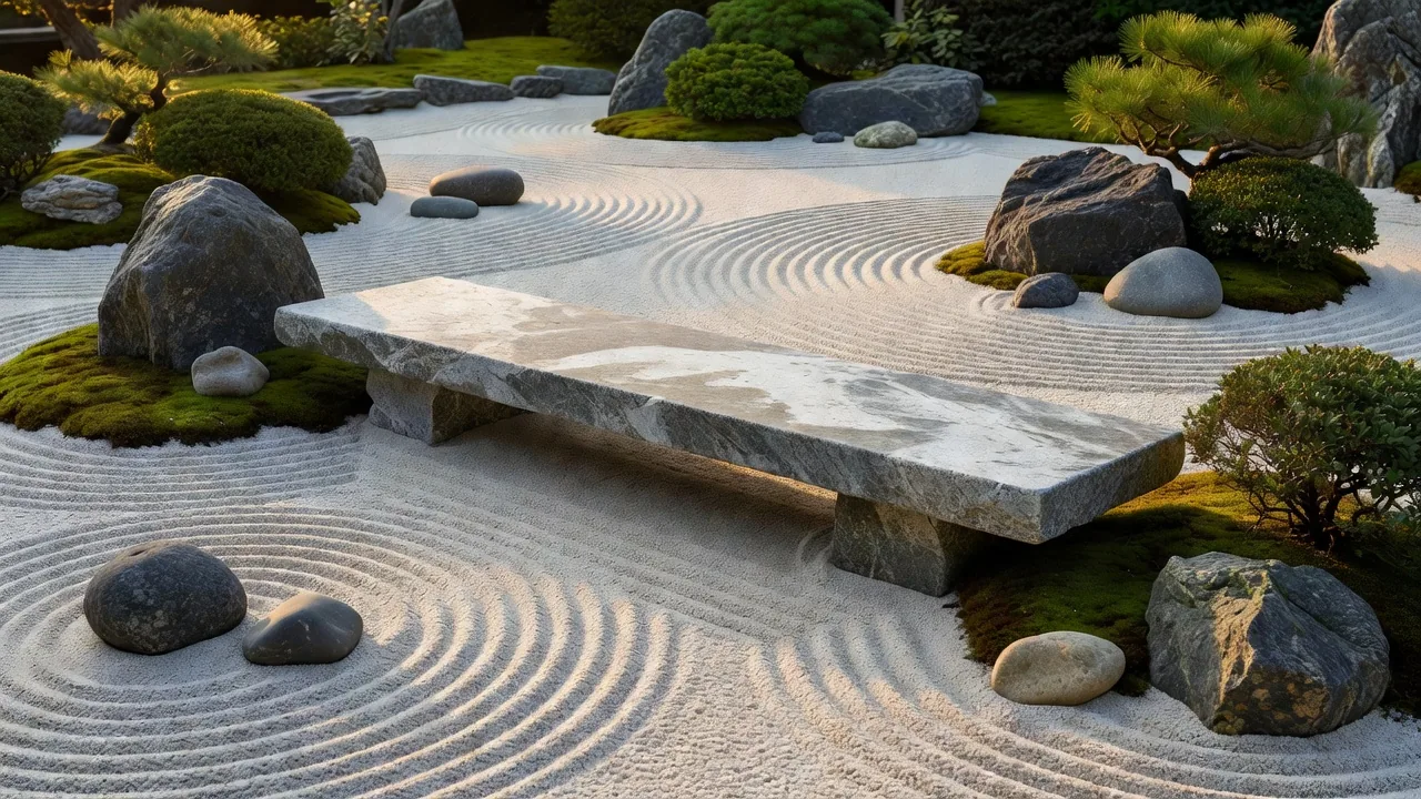 花崗岩のベンチと砂紋のある石庭