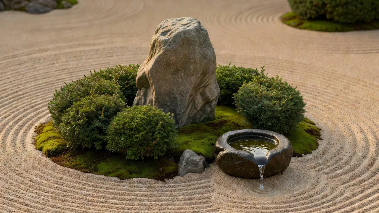 単一の石と水鉢による静謐な庭の風景