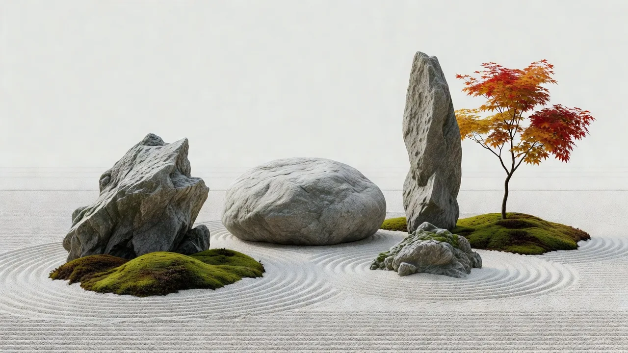 楓と苔に囲まれた三石の組み合わせ