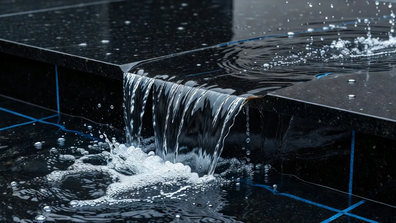 黒御影石を用いた段状の滝の水景
