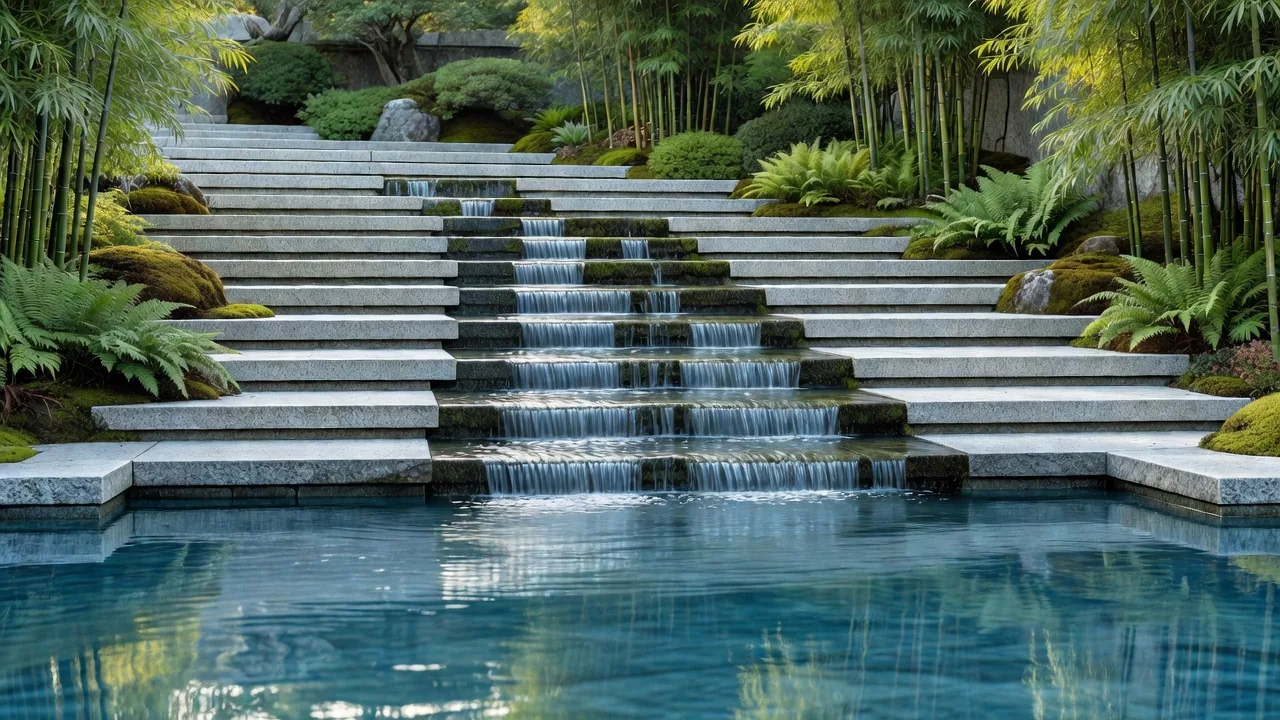 灰色花崗岩の階段状に流れる水景