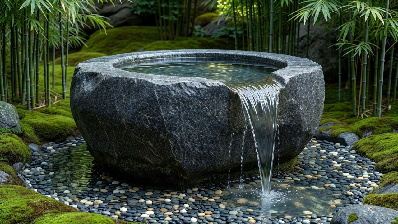 縁から静かに水があふれる花崗岩の水盤