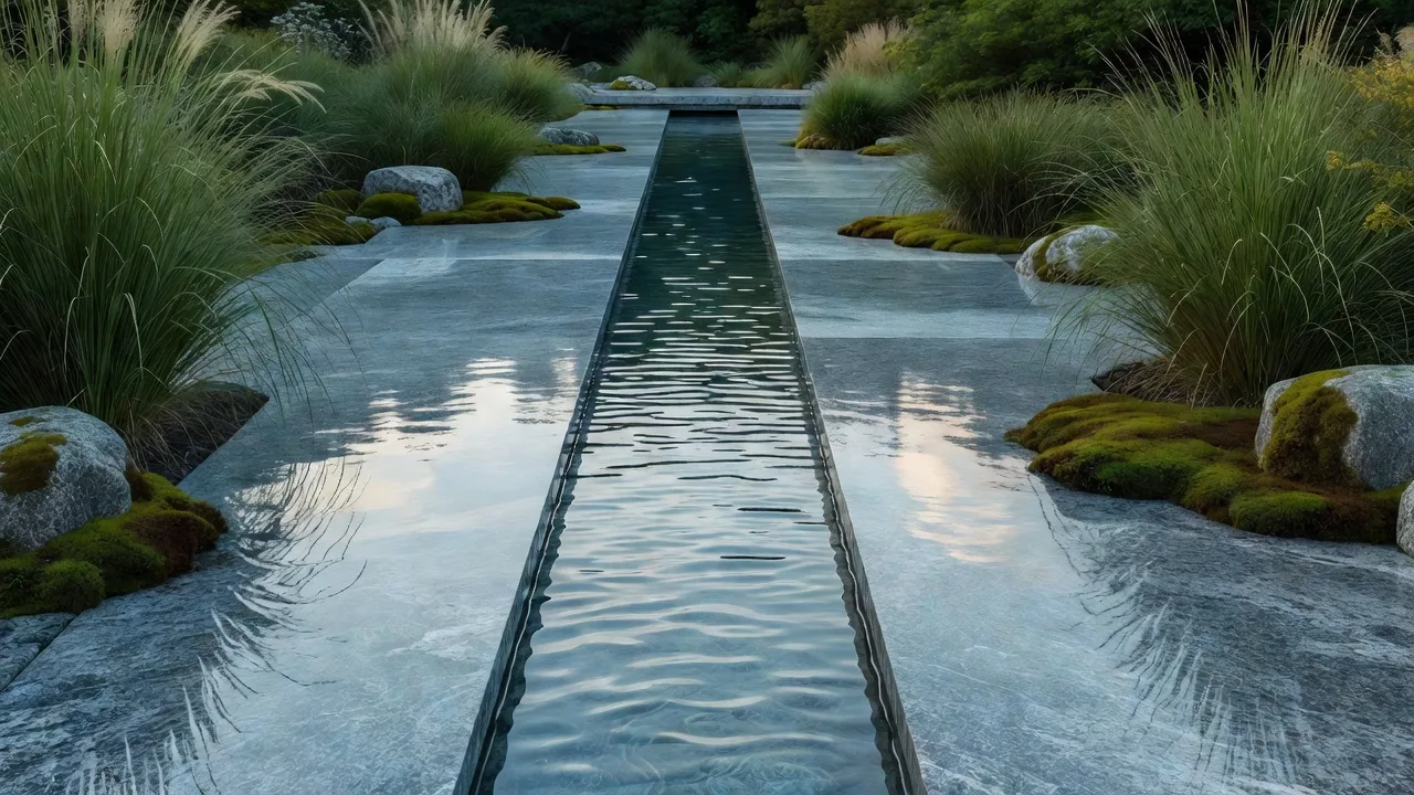 花崗岩の水路を流れる水景